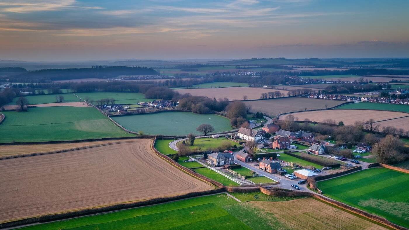 Aerial drone view over English farmland at golden hour