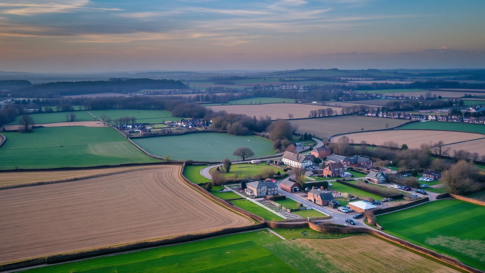 Aerial drone view over English farmland at golden hour