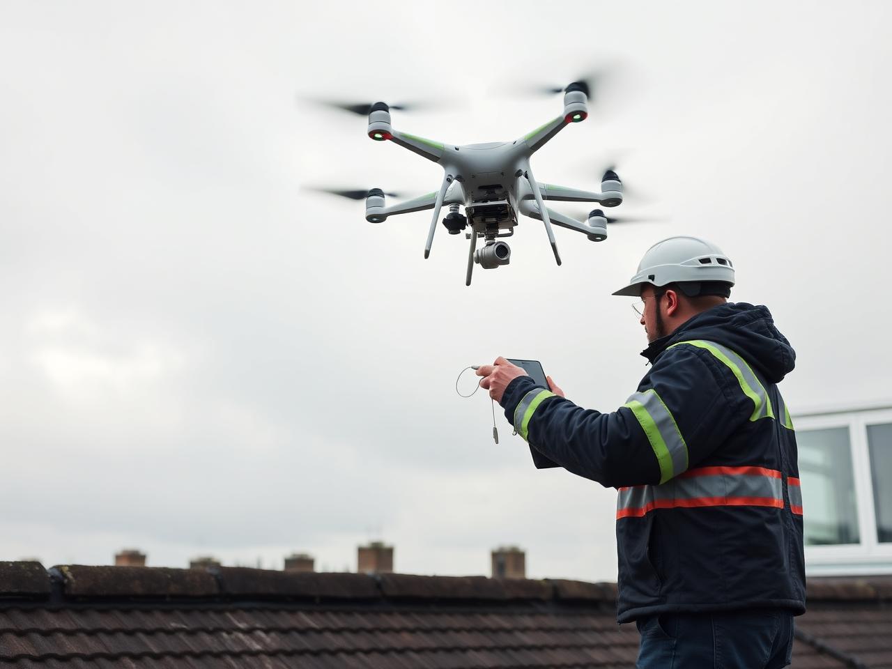 CAA-certified drone pilot operating a quadcopter for a building inspection