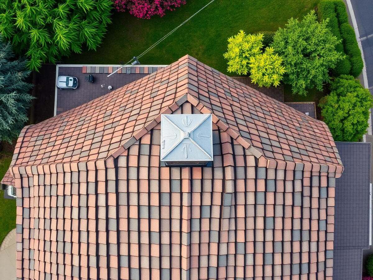 Top-down drone view of a residential roof inspection
