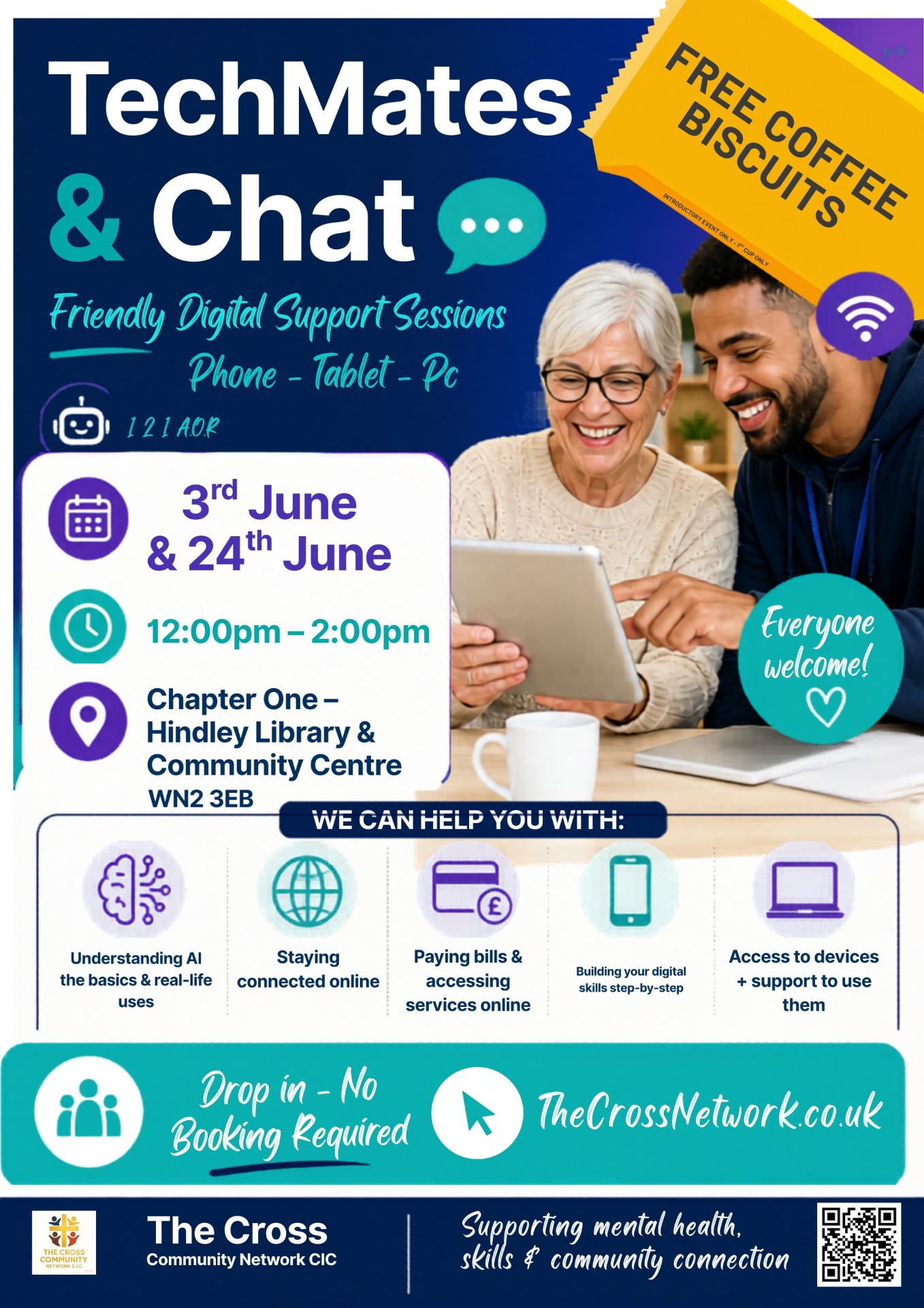 TechMates & Chat — friendly digital support sessions on 3rd June and 24th June, 12:00pm–2:00pm at Chapter One – Hindley Library & Community Centre, WN2 3EB. Drop in, no booking required.